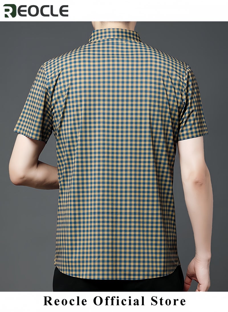 REOCLE Men's Shirt Thin Plaid Shirt Short Sleeve Button Down Shirts for Gentlemen Cotton Regular Fit Casual Gingham Non-iron Shirts - Image 3