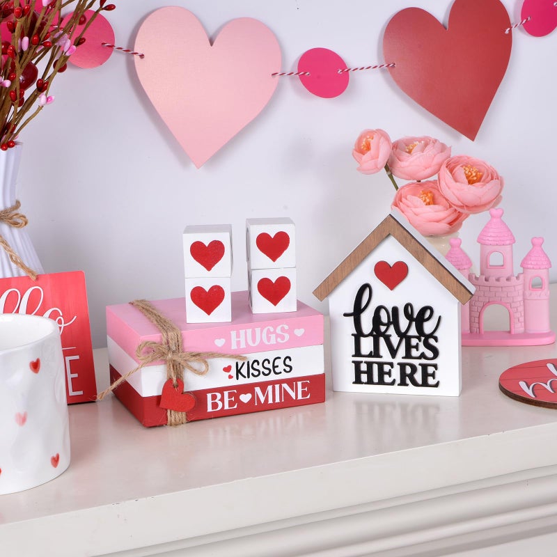 Ovootok Valentine's Day Decorations for Home, Wooden House Valentines Tabletop Decoration Sign XOXO Blocks Wood Book Stack, Romantic Table Decor Set for Tiered Tray Centerpiece (pink) - Image 5