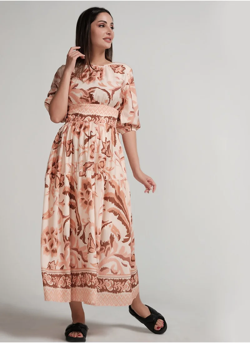 Zigzag Back Tie Puffed Sleeve Beige Dress