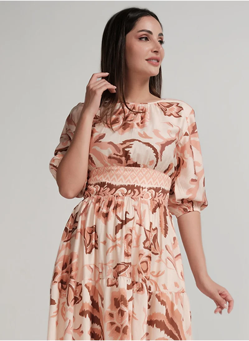 Zigzag Back Tie Puffed Sleeve Beige Dress