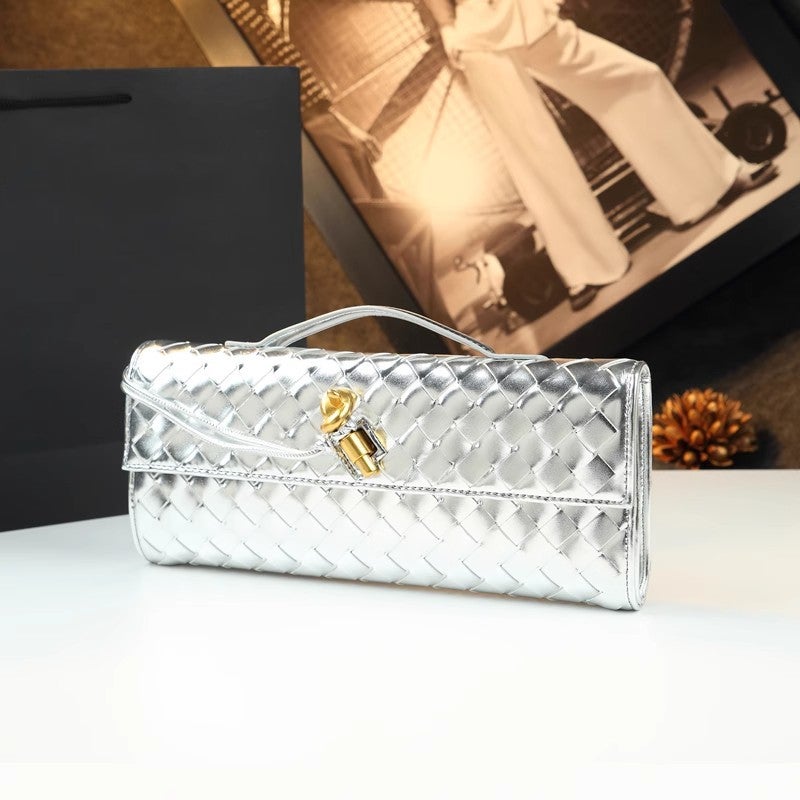 Woven Bag, Shoulder Baguette Bag, Niche High-End Horizontal Clutch Evening Bag, Cross-Body Versatile Bag, Fashionable And Exquisite Women'S Bag - Image 3
