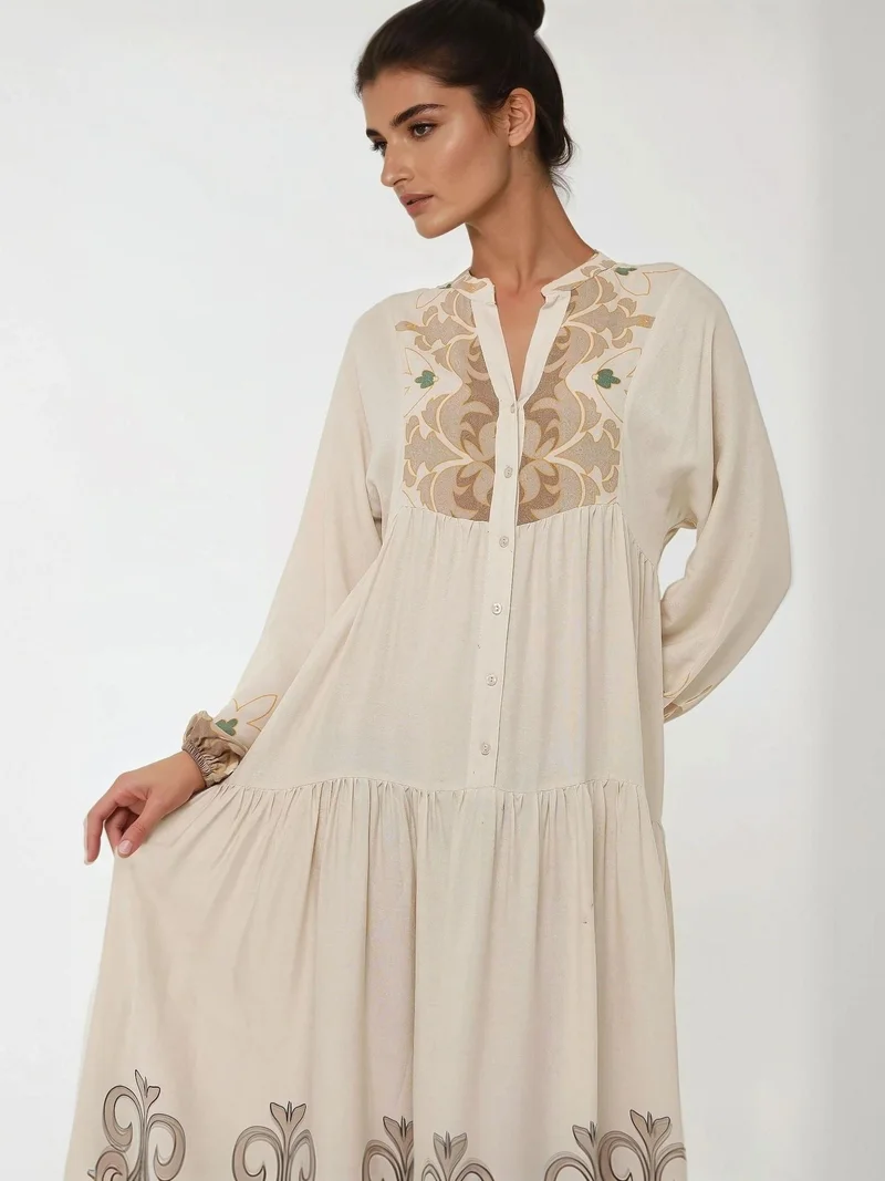 زوبعة فستان ماكسي طويل الأكمام من الفيسكوز مطبوع