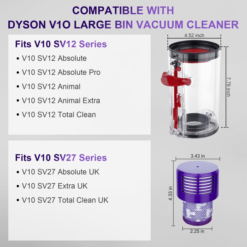 PUREGUST 7.79-inch Large Bin Replacement and Filter for Dyson V10 SV12 Animal and Absolute Models, Bin Part No.969509-01 and Filter Part No. 969082-01 for Absolute/Animal/Animal Extar/Total Clean - Image 2