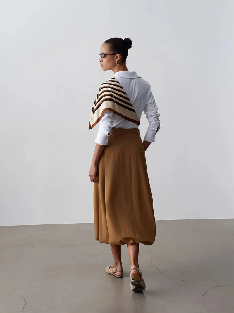 ديلفين DILVIN High-waist Belted Midi Balloon Skirt