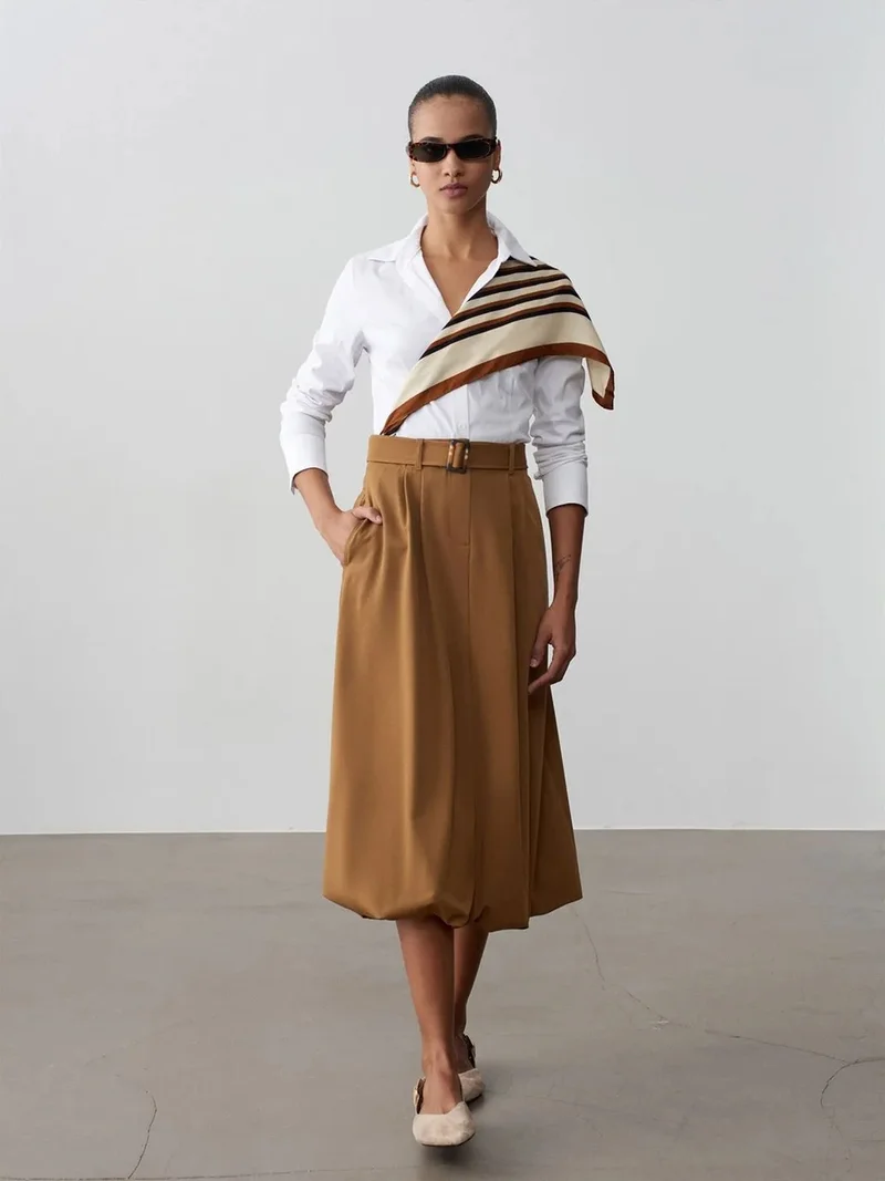 ديلفين DILVIN High-waist Belted Midi Balloon Skirt