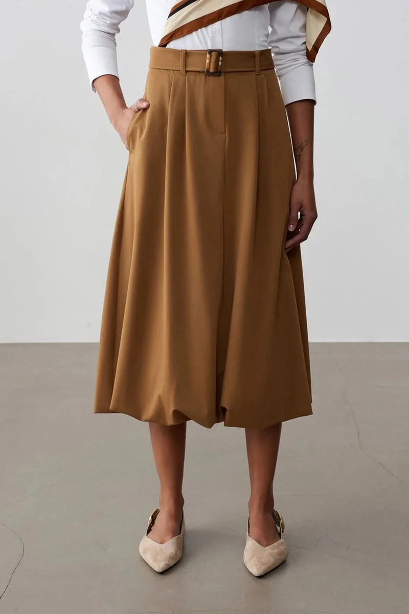 Dilvin Camel Brown DILVIN High-waist Belted Midi Balloon Skirt for Women | Best Price UAE