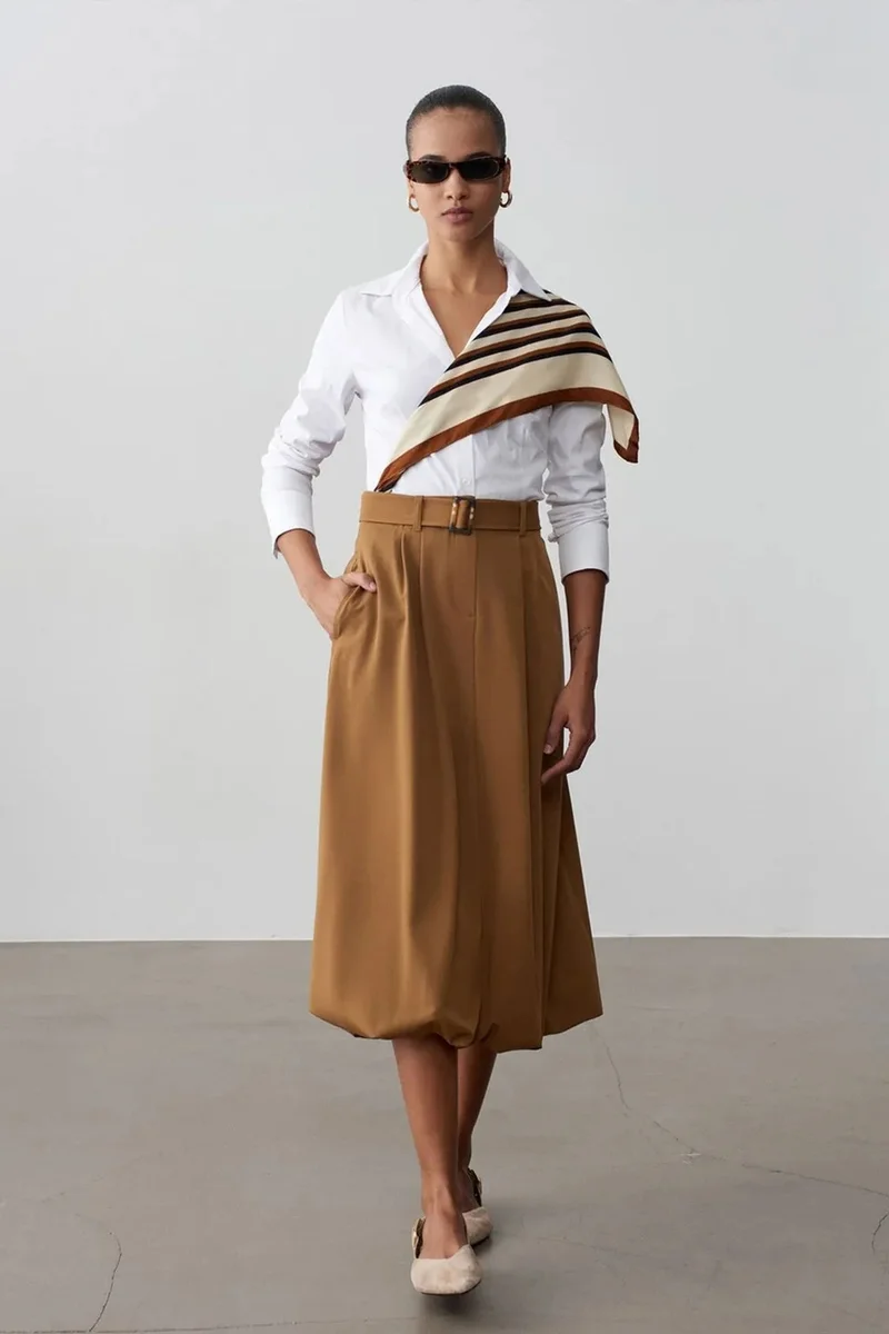 ديلفين DILVIN High-waist Belted Midi Balloon Skirt