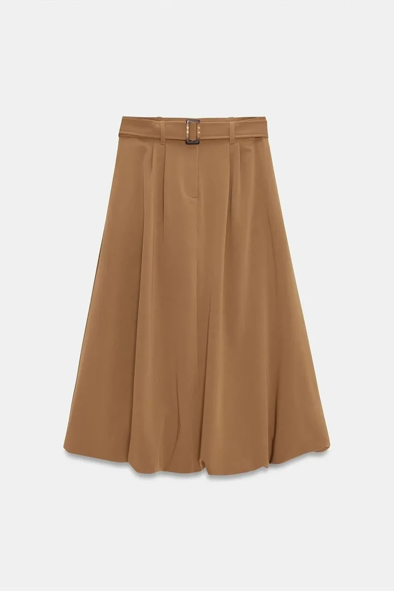Dilvin Camel Brown DILVIN High-waist Belted Midi Balloon Skirt for Women | Best Price UAE