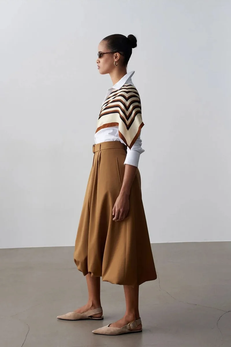 Dilvin Camel Brown DILVIN High-waist Belted Midi Balloon Skirt for Women | Best Price UAE
