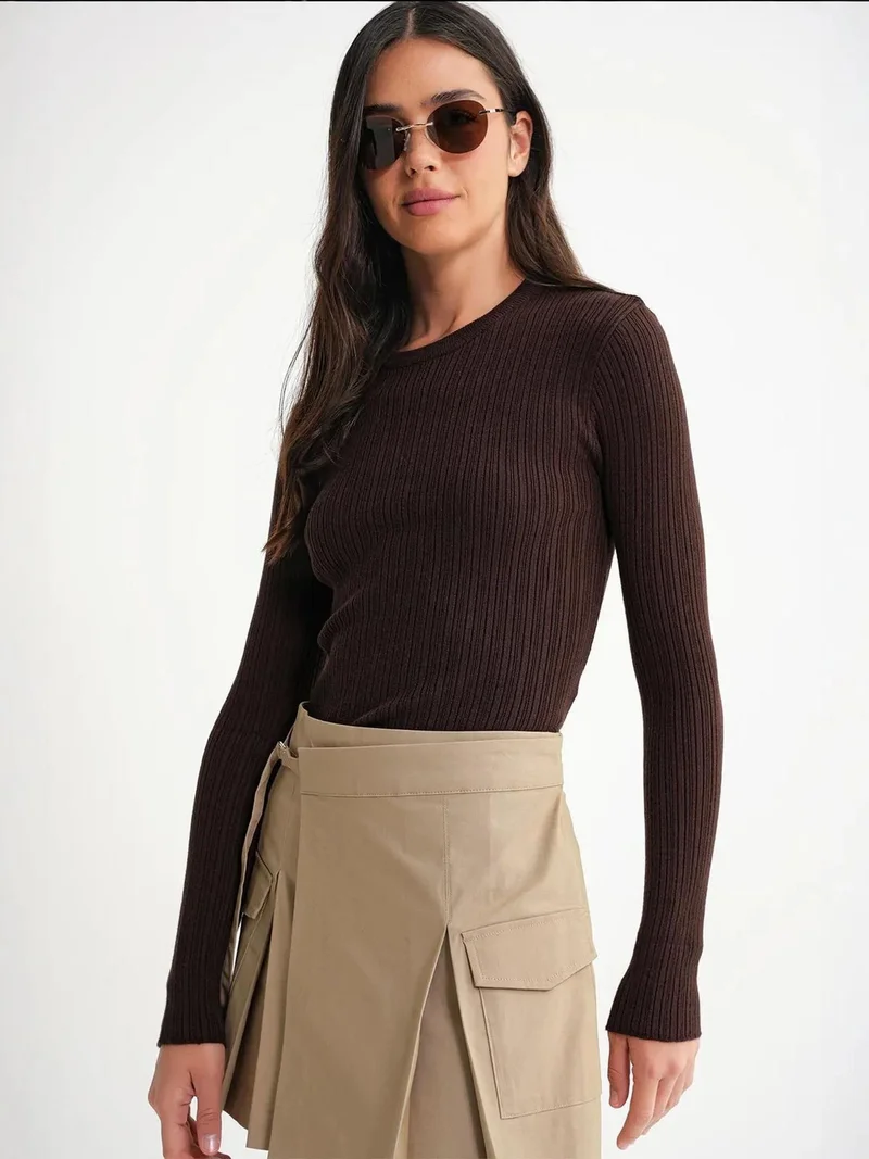 MixRay Coffee Brown Mixray Soft Textured Ribbed Fitted Top for Women | Best Price UAE