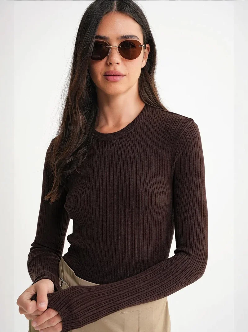 MixRay Coffee Brown Mixray Soft Textured Ribbed Fitted Top for Women | Best Price UAE