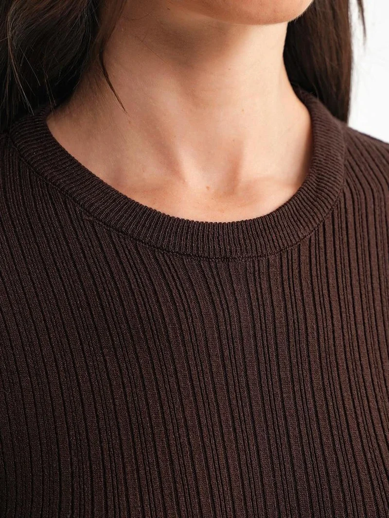 MixRay Coffee Brown Mixray Soft Textured Ribbed Fitted Top for Women | Best Price UAE