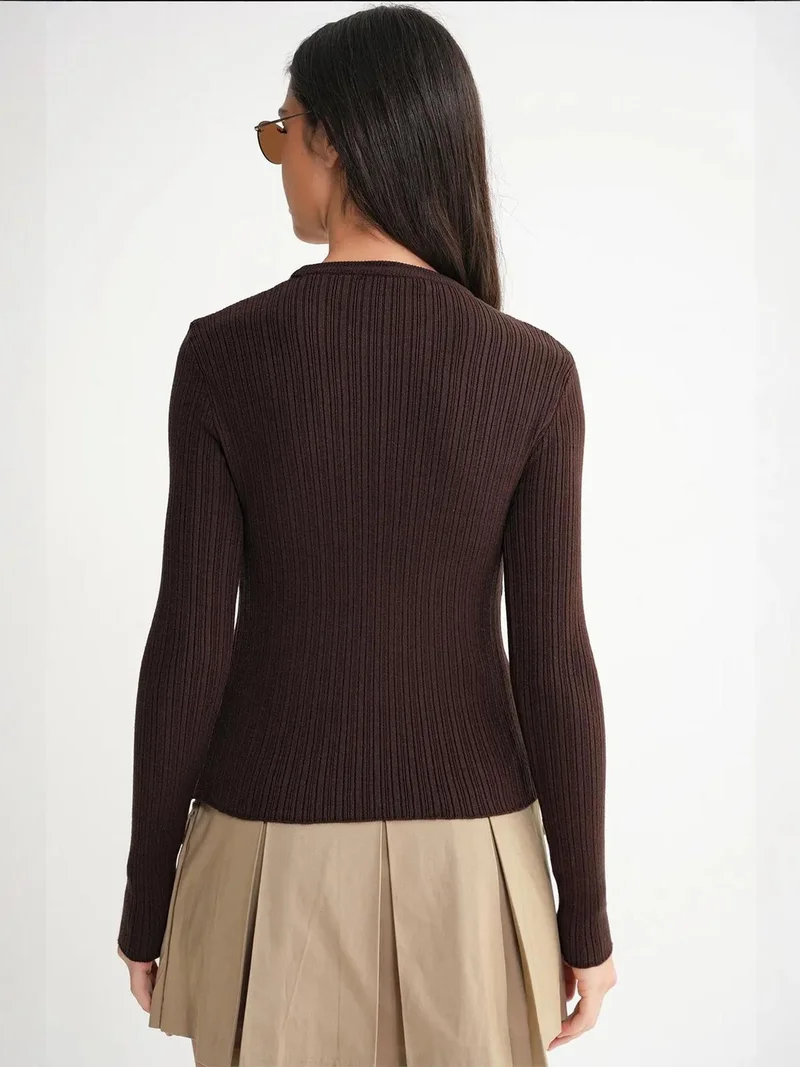 MixRay Coffee Brown Mixray Soft Textured Ribbed Fitted Top for Women | Best Price UAE