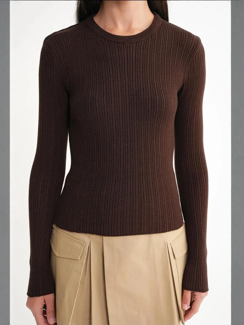MixRay Coffee Brown Mixray Soft Textured Ribbed Fitted Top for Women | Best Price UAE