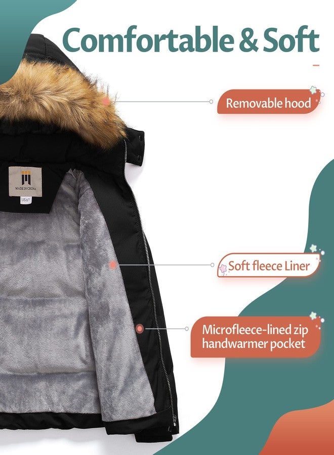 CREATMO US Girl's Kids Metallic Shiny Jacket with Detachable Fur Collar Warmth Winter Outerwear, Black, 8-9 Years - Image 3