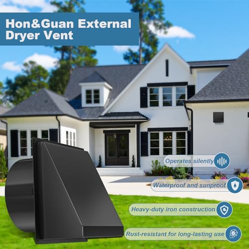 Hon&Guan Dryer Vent Cover Outside with Removable Mesh, Wall Mount Extractor Vent with Rubber Cushioned Non-Return Flap, High Quality Iron Outside Dryer Vent Cover for House (Black, 6 Inch) - Image 4
