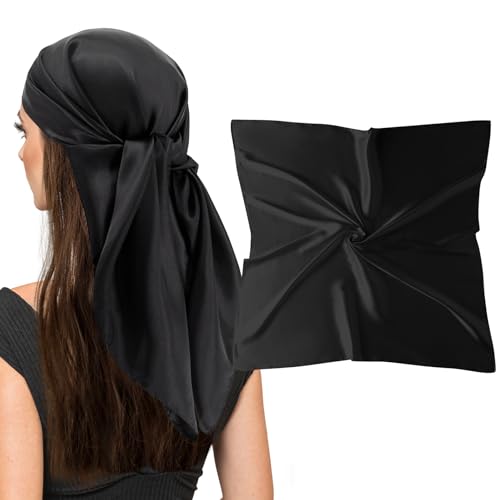 vimate Black Silk Scarf, 35'' Square Soild Satin Headband Neckerchief Scarf for Hair Wrapping at Night (Black) - Image 1