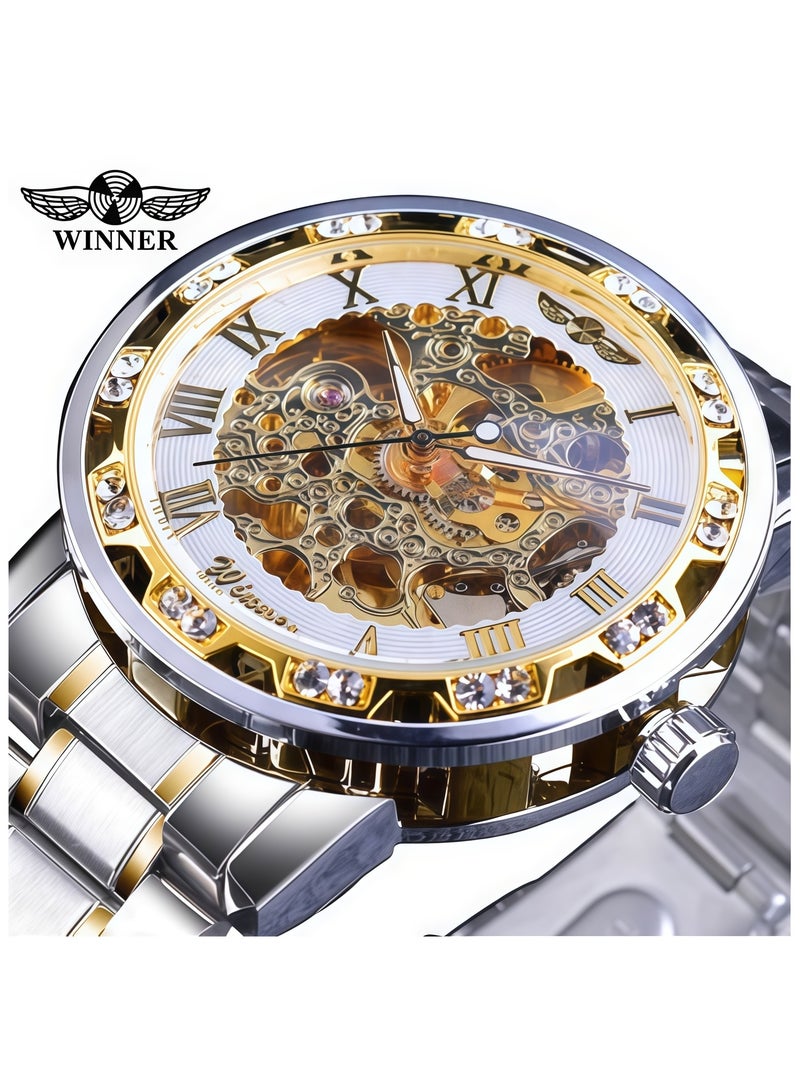 وينر ساعة رجالية أنيقة وعملية بهيكل عظمي يدوي مرصع بأحجار الراين