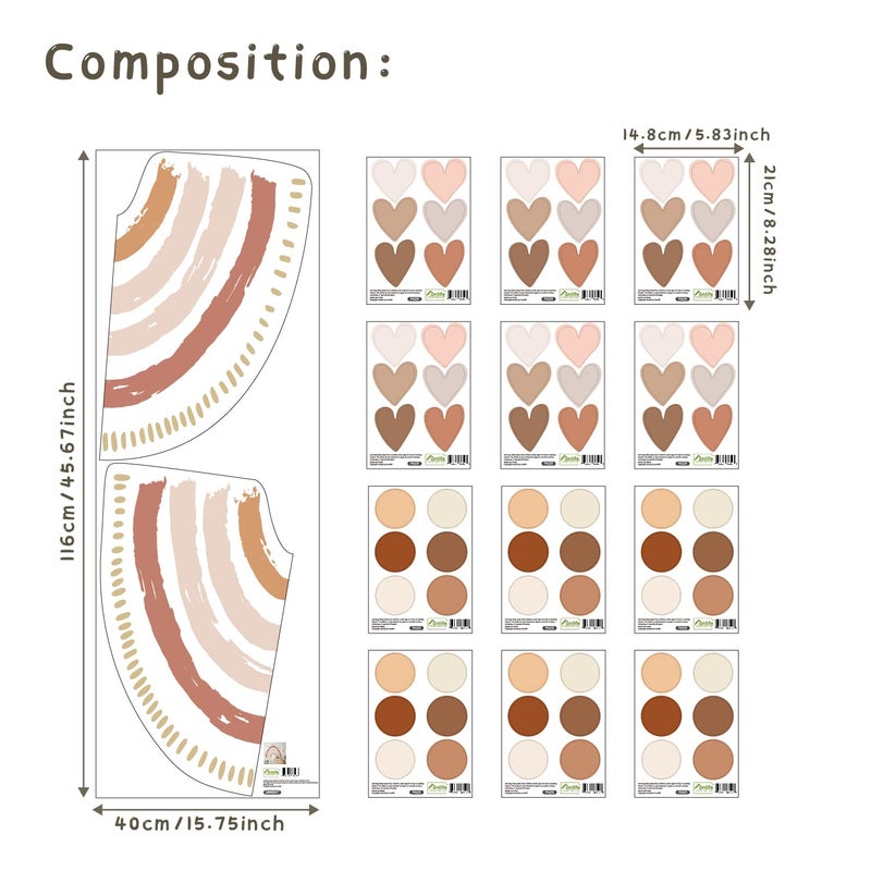 funlife Large Boho Rainbow Wall Decals Peel and Stick, Self Adhesive Boho Polka Dot Wall Decal Hearts Wall Sticker for Girls Bedroom Decor, Kids Nursery Room - Image 2