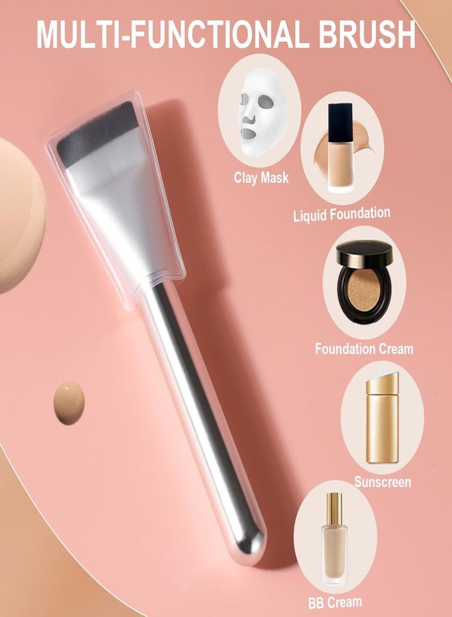 BEAUTYFACTOR Flat Foundation Brush with Puff, Beautyfactor Ultral Thin Spatula Makeup Brush with Sponge for Liquid Makeup | Fast Flawless Korean Kabuki Brushes for Blending, Liquid, Cream, Blush, Buffing （Silver） - Image 5