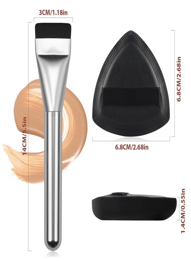 BEAUTYFACTOR Flat Foundation Brush with Puff, Beautyfactor Ultral Thin Spatula Makeup Brush with Sponge for Liquid Makeup | Fast Flawless Korean Kabuki Brushes for Blending, Liquid, Cream, Blush, Buffing （Silver） - Image 2