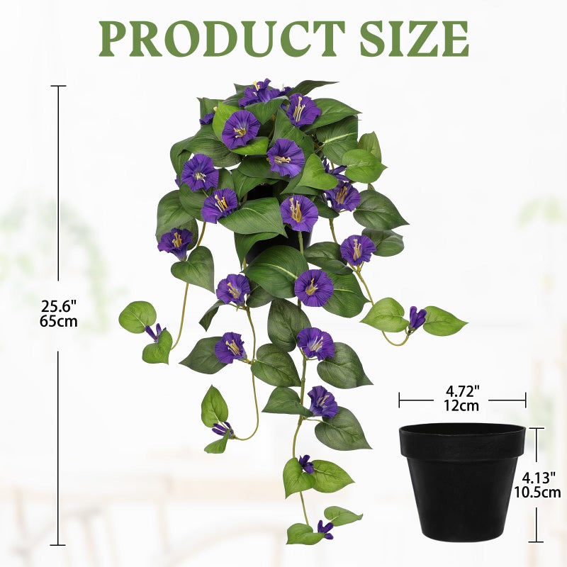 Briful Artificial Hanging Flowers in Pot 25.6" Faux Silk Morning Glory Flower Vine with Cascading Greenery Fake Hanging Plants for Home Office Bathroom Table Shelf Decor(Purple) - Image 2