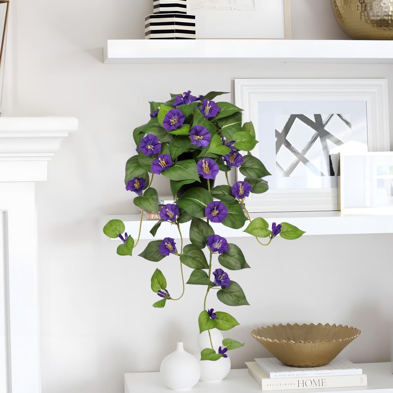 Briful Artificial Hanging Flowers in Pot 25.6" Faux Silk Morning Glory Flower Vine with Cascading Greenery Fake Hanging Plants for Home Office Bathroom Table Shelf Decor(Purple) - Image 5