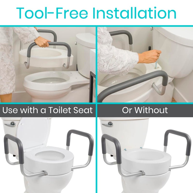 Vive Raised Toilet Seat Riser for Seniors (with Handles) - Handicap Rail Grab Bar Seat for Over Toilet - Elevated Safety for Elderly, Disabled, Medical - Standard - Image 5