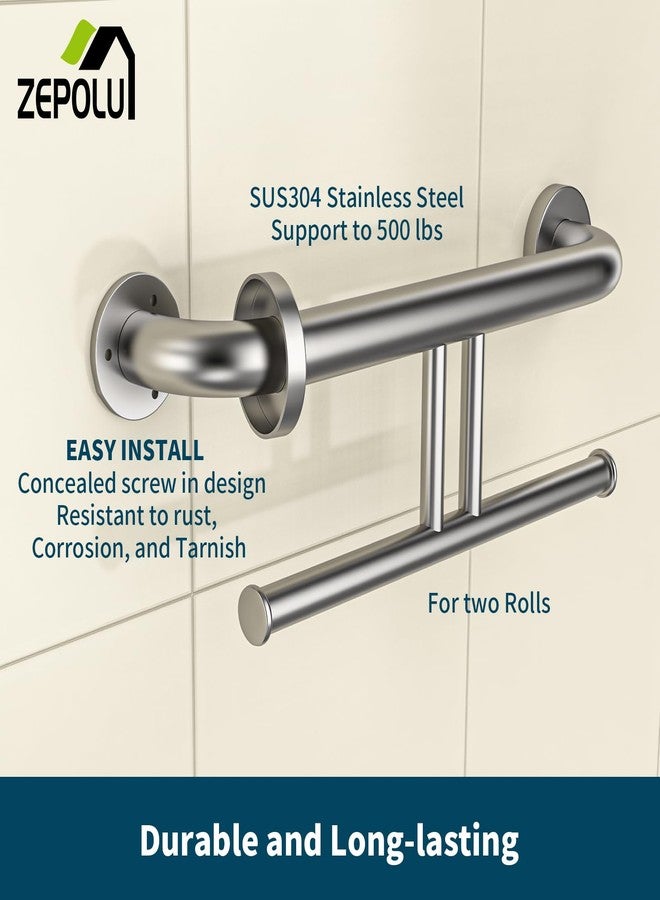 Zepolu Brushed Nickel Handicap Grab Bar w/Toilet Paper Roll Holder, Zepolu 2-in-1 Safety Assist Bar Balanced Support Handle 17 Inch, Stainless Steel Wall Mounted Bathroom Toilet Grab Bar for Senior Elderly - Image 3
