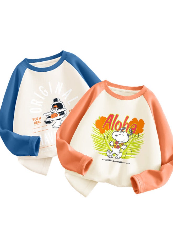 Snoopy Children's T-shirt, Boys And Girls Long-sleeve Cotton Undershirt, 2-piece Set For Spring, Blue Haircut + Orange Feather, Size 140