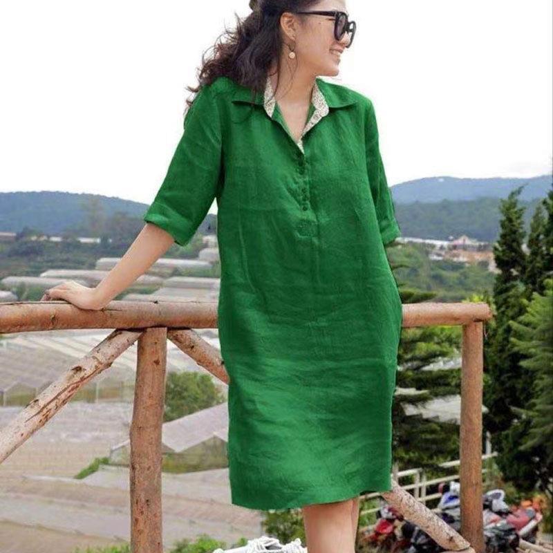 Amazon Southeast Asia cross-border spring and summer plus size loose solid color cotton and linen mid-length dress womens foreign trade Wholesale Dark green