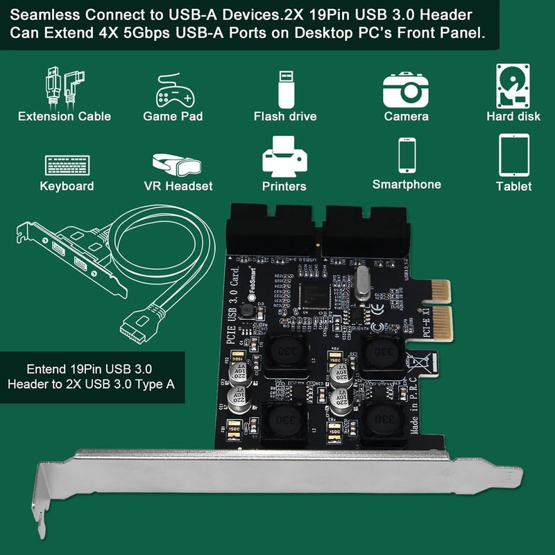 FebSmart 2X 19Pin USB 3.0 Header Ports PCIE USB 3.0 5Gbps Expansion Card for Windows and Linux Desktop PCs, Built in Self-Powered Technology, No Need Additional Power Supply (FS-H2-Pro) - Image 4