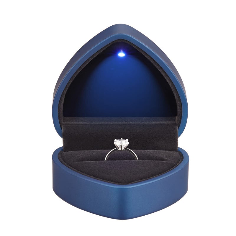 LETURE Heart Shaped Ring Gift Box with LED Light Velvet Earrings Jewelry Case with Light Jewellry Display Box for Wedding Engagement Proposal Birthday and Anniversary Blue