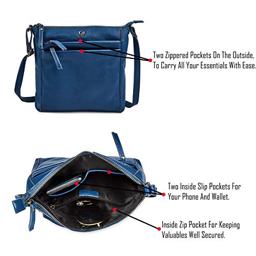 Cochoa Small Soft Pebbled Real Leather Women Crossbody Handbags & Purses - Triple Zip Premium Sling Crossover Shoulder Bag (Sapphire Blue Nappa) - Image 3