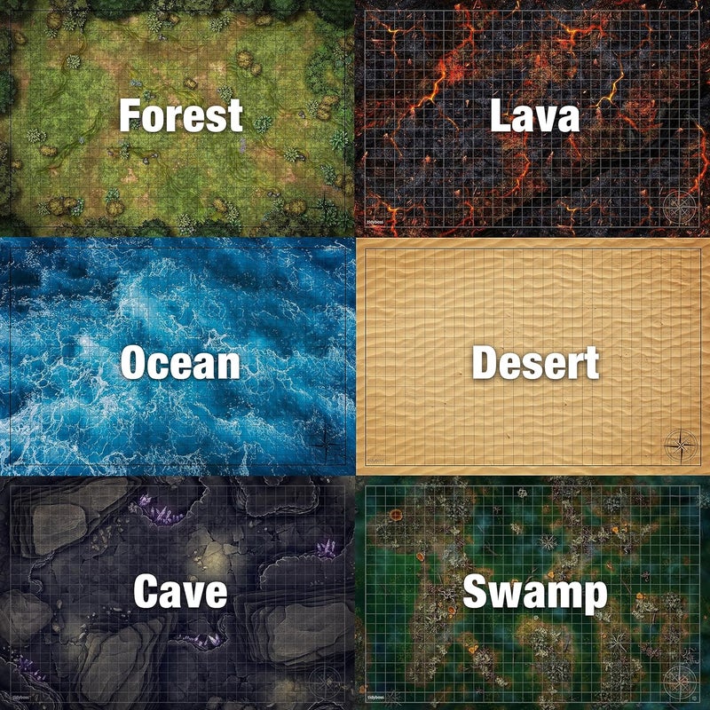 TIDYBOSS DND Expansion Pack | 3 X Double Sides 24x 36 Game Grid Mat | 6 Terrains with Lava, Sea, Forest, Cave, Swamp and Desert | Includes 2 x Dry Erase Markers, Eraser and Clips - Image 5