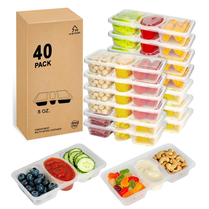 MACTANO 8 OZ Reusable Snack Containers with Lids, New 3 Compartment Condiment Snack Pack Containers 40 Sets - Image 1