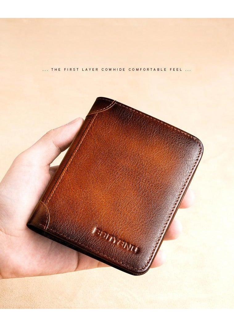 Generic Portable Business Men's Genuine Leather Anti-theft Brush Ultra-thin Multi-card Slot Short Wallet Cash clip wallet brown  - Image 1