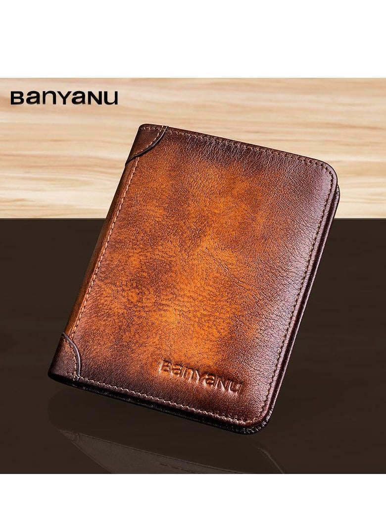 Generic Portable Business Men's Genuine Leather Anti-theft Brush Ultra-thin Multi-card Slot Short Wallet Cash clip wallet brown  - Image 3