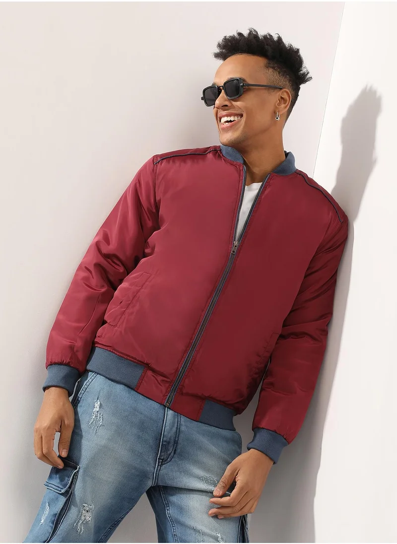 Campus Sutra Men's Red Zip-Front Puffer Jacket With Contrast Piping