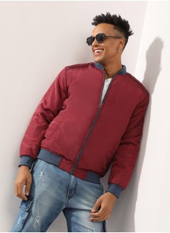 Men's Red Zip-Front Puffer Jacket With Contrast Piping