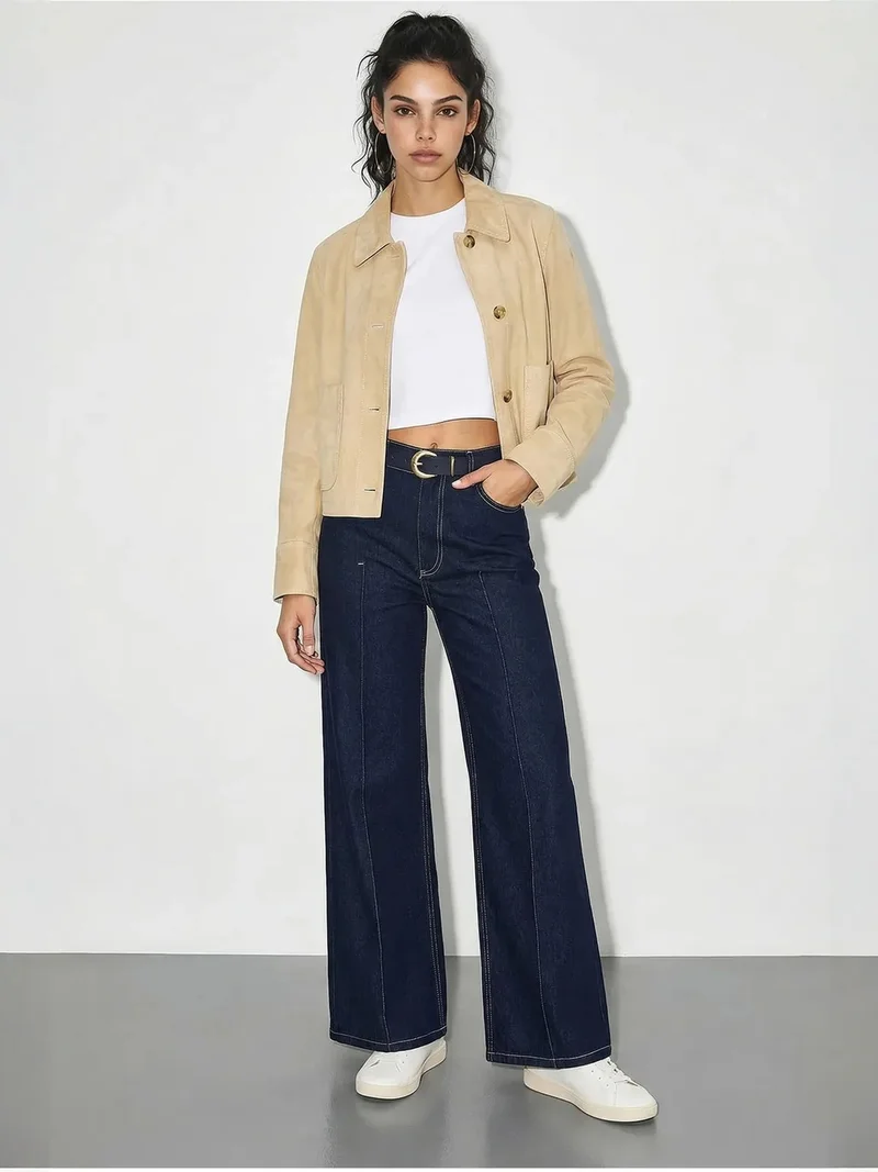 بيانكو لوتشي LUCCI High Waist Wide Leg Denim Trousers with Belt