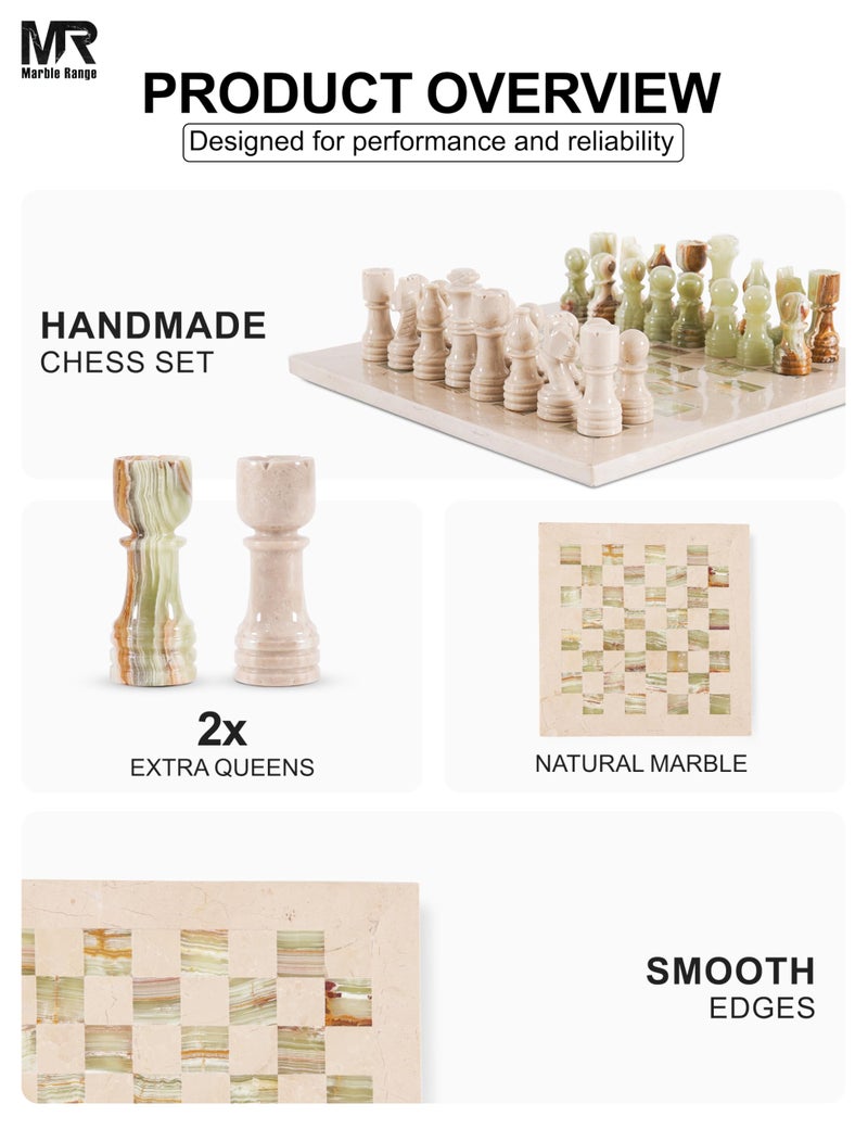 MARBLE RANGE Marble Chess Set for Adults 12" Handmade Verona & Green Board Game with 32 Chess Pieces, 2 Extra Queens & Storage Box, Luxury Travel Game, Elegant for Home Decor - Image 4