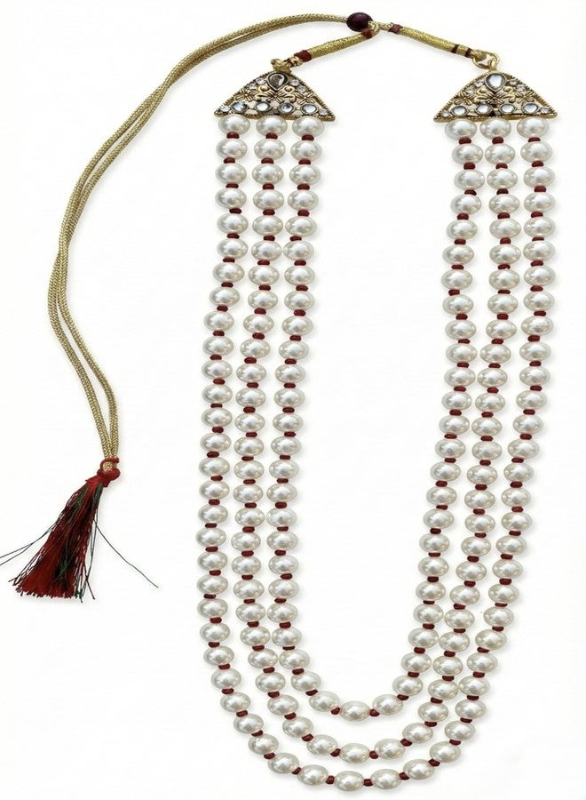 FURE Royal 3-Line Pearl Groom Necklace for Sherwani – Traditional Red Dulha Moti Mala with Adjustable Dori – Elegant Wedding Accessory for Men - Image 1