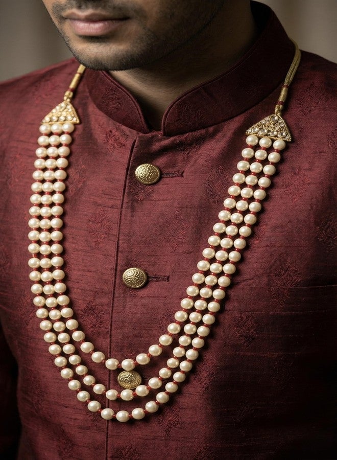 FURE Royal 3-Line Pearl Groom Necklace for Sherwani – Traditional Red Dulha Moti Mala with Adjustable Dori – Elegant Wedding Accessory for Men - Image 3