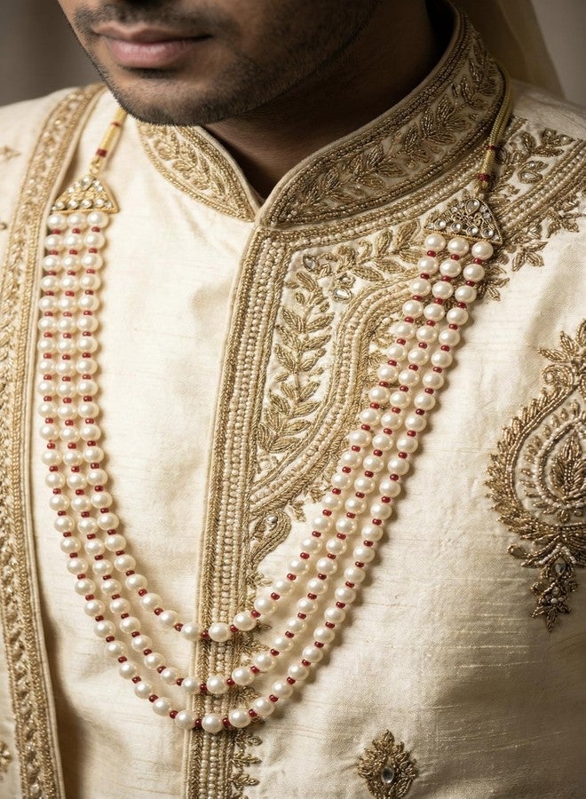 FURE Royal 3-Line Pearl Groom Necklace for Sherwani – Traditional Red Dulha Moti Mala with Adjustable Dori – Elegant Wedding Accessory for Men - Image 2