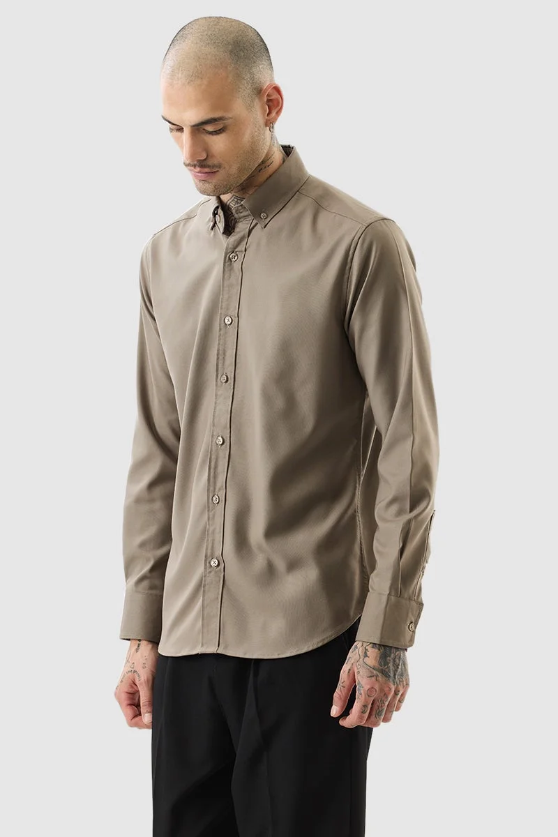 سنيتش Brown Solid Long Sleeve Slim Fit Luxe Shirt