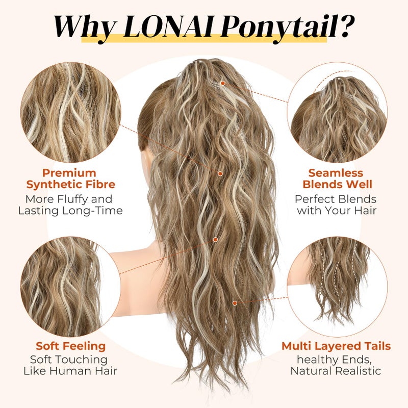LONAI Ponytail Extension, 18" Wavy Claw Clip Ponytail Extensions Shoulder Length Curly Wavy Claw Clip in Ponytail Hair Extensions Ponytails Hairpieces - Deep Dark Blonde with Blonde Highlights - Image 3