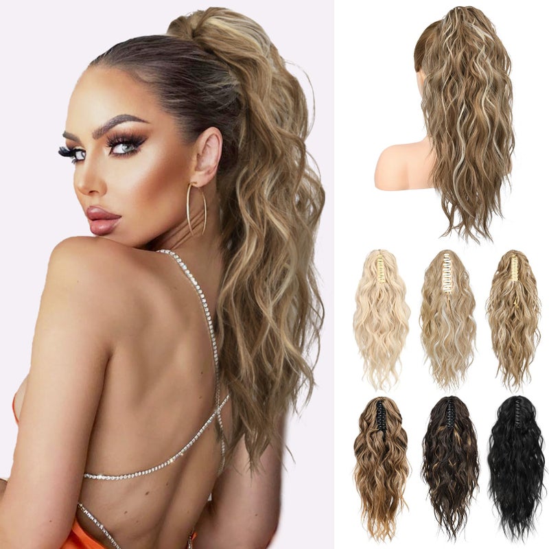 LONAI Ponytail Extension, 18" Wavy Claw Clip Ponytail Extensions Shoulder Length Curly Wavy Claw Clip in Ponytail Hair Extensions Ponytails Hairpieces - Deep Dark Blonde with Blonde Highlights - Image 1