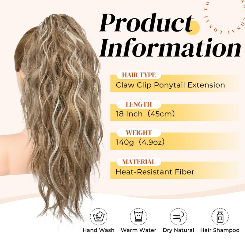 LONAI Ponytail Extension, 18" Wavy Claw Clip Ponytail Extensions Shoulder Length Curly Wavy Claw Clip in Ponytail Hair Extensions Ponytails Hairpieces - Deep Dark Blonde with Blonde Highlights - Image 2