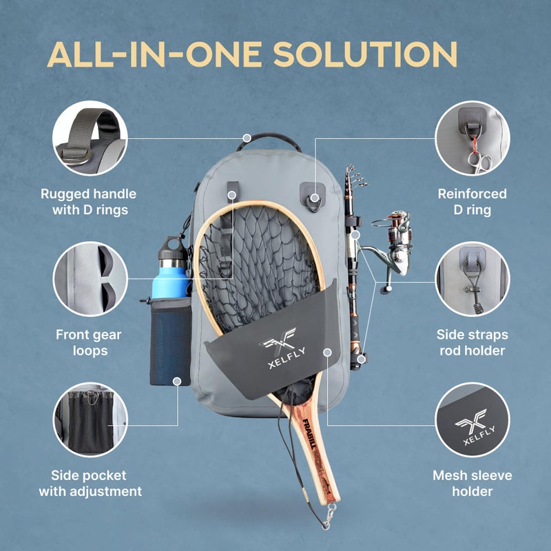 Xelfly - Waterproof Fishing Backpack with Rod Holder, Inflatable Air Valve, Padded Waist Straps & Gear Loops - Submersible Zipper, Rugged Top Handle, Adjustable Attachments (Gray) - Image 3